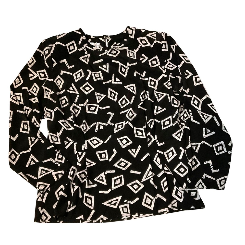 VINTAGE 90S RETRO EVA LAUREL NY WOMENS ABSTRACT GEO PRINT BLACK WHITE BLOUSE 14